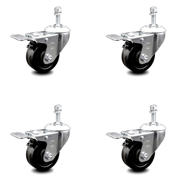 Service Caster 3 Inch Phenolic Swivel 3/8 Inch Threaded Stem Caster Set with Total Lock Brake SCC-TSTTL20S314-PHR-381615-4 - main